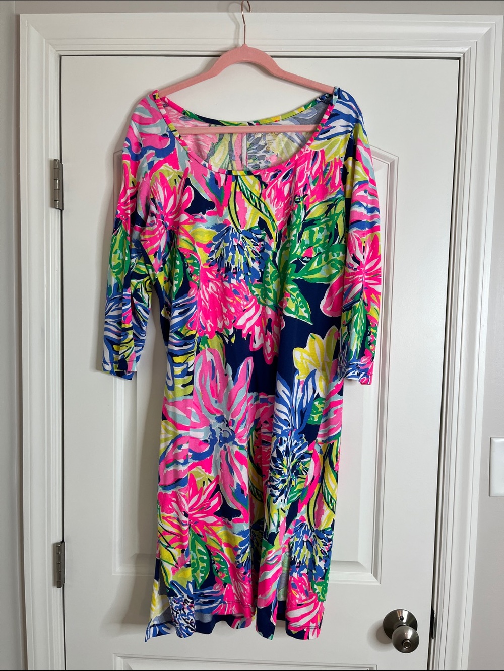 Lilly Pulitzer-“Kenzie” Dress in Floral Navy & Bright Pink-XL